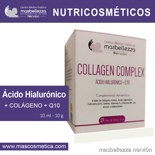 COLLAGEN COMPLEX Complemento alimenticio a base de Colágeno marino, Ácido hialurónico, CoEnzima Q10, Selenio, Vitamina C y Vitamina B6, con azúcar y edulcorantes